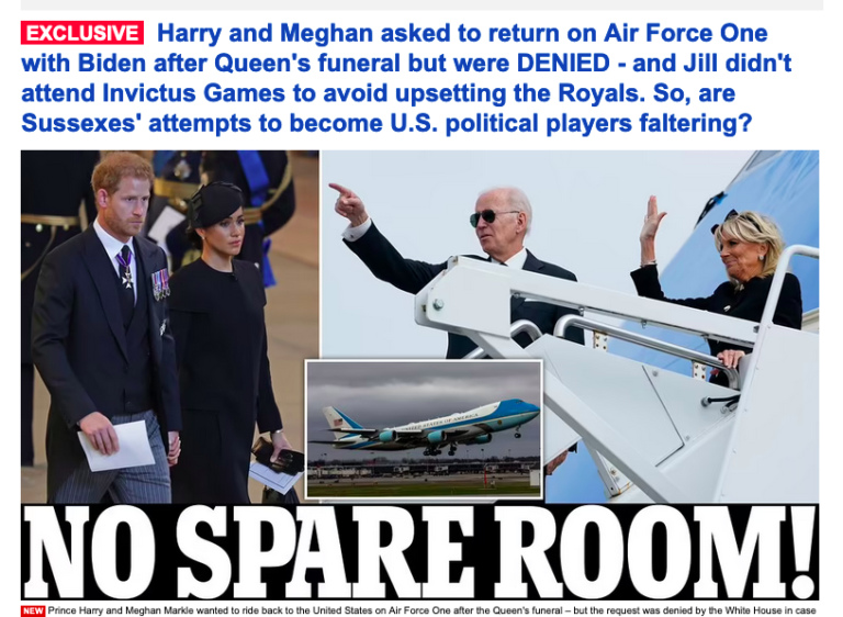 DAILY MAIL CREATES FAKE NEWS STORY LYING THAT HARRY & MEGHAN WERE DENIED SEAT AT AIR FORCE ONE BY WHITE HOUSE WHEN JOE BIDEN WAS IN LONDON FOR QUEEN ELIZABETH FUNERAL